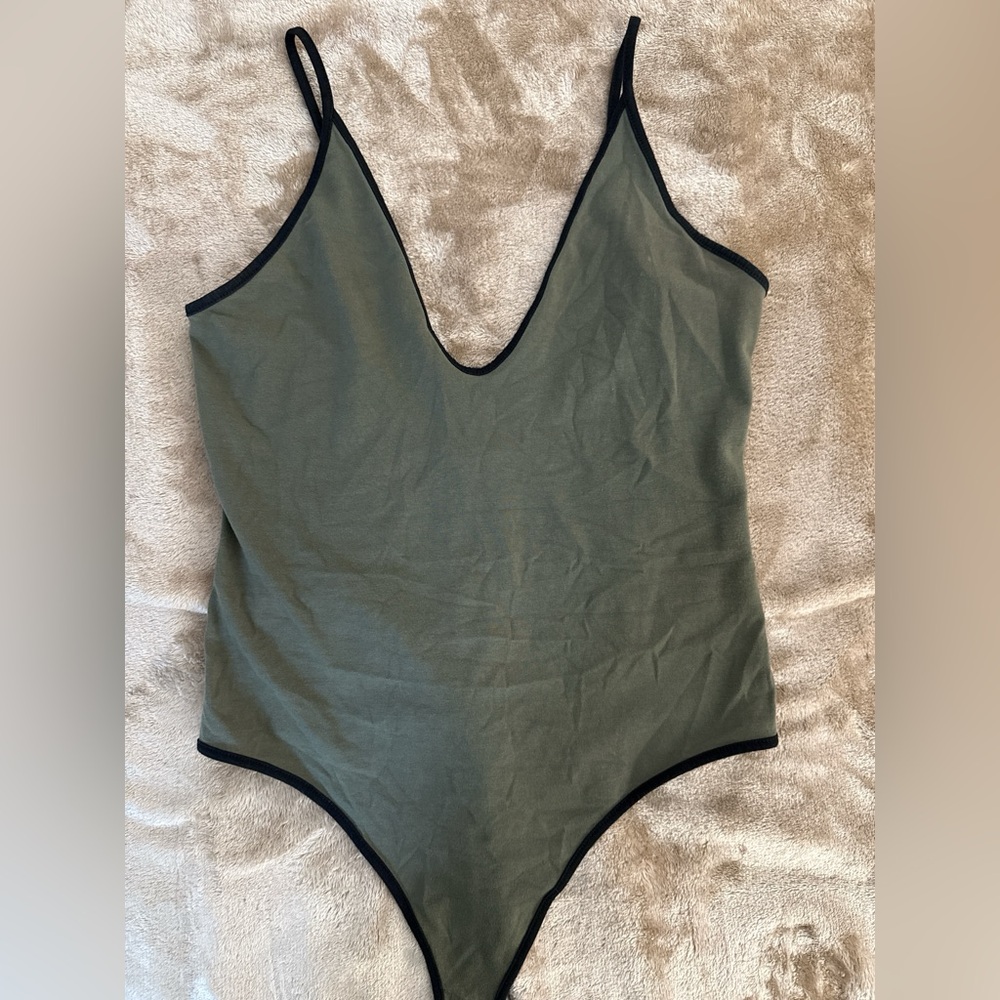 Express Olive Green Bodysuit with Black Trim